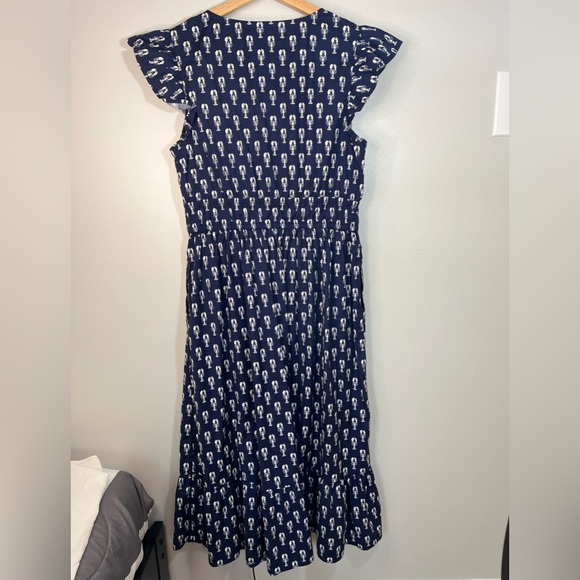 Vineyard Vines Navy Lobster Print Cotton Flutter Sleeve Maxi Dress Women’s Large - Picture 7 of 12